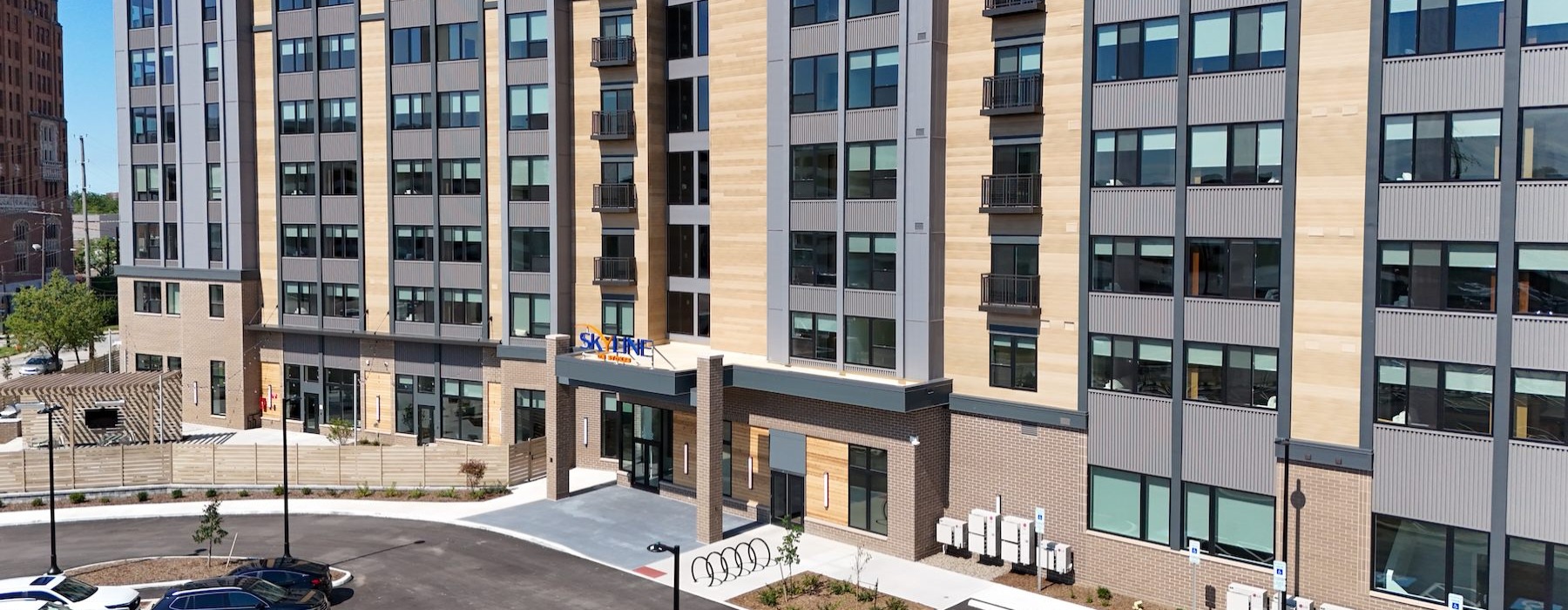 exterior of skyline entrance and parking lot