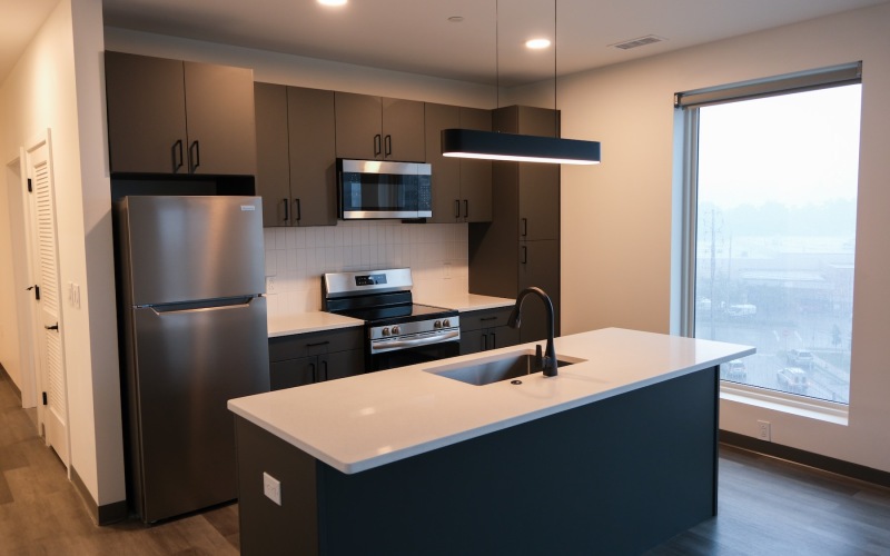 a kitchen with dark cabinets